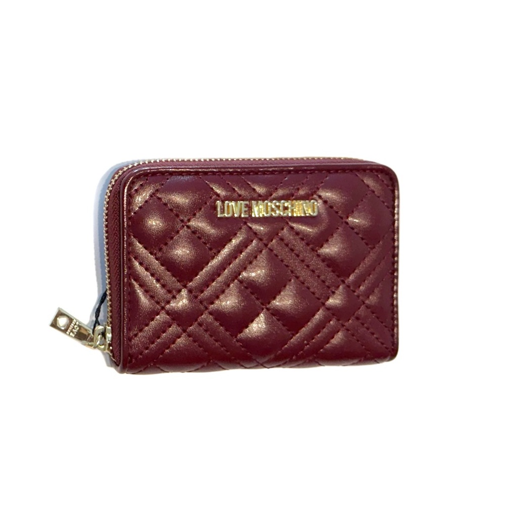 MOSCHINO Burgundy Quilted Gold Logo Zip-Around Wallet NWT